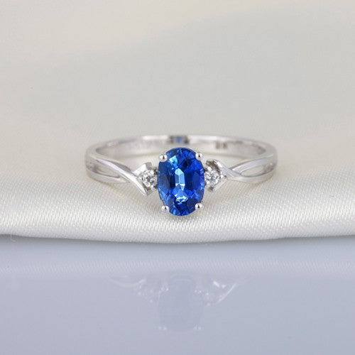 Perfect 1 Carat Oval Blue Sapphire and Moissanite Diamond Trilogy Engagement Ring in White Gold
