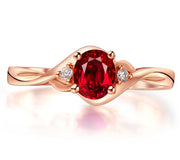 Perfect 1 Carat Oval Red Ruby and Moissanite Diamond Trilogy Engagement Ring in Yellow Gold