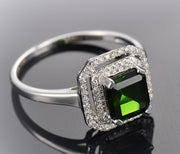 Perfect 1 Carat princess cut Emerald and Moissanite Diamond double Halo Engagement Ring in White Gold