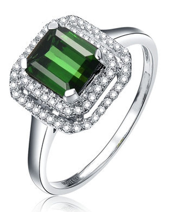 Perfect 1 Carat princess cut Emerald and Moissanite Diamond double Halo Engagement Ring in White Gold