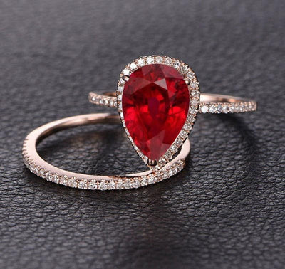Perfect Bridal Set on Sale 1.50 carat Pear Cut Ruby and Moissanite Diamond Bridal Set in Rose Gold: Bestselling Design