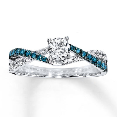 Perfect Combination Half Carat Round Moissanite Diamond and Sapphire Engagement Ring