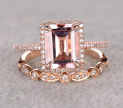 1.50 carat emerald Cut Morganite Bridal Set with Diamonds in Rose Gold Perfect Halo Bridal Set on Sale 