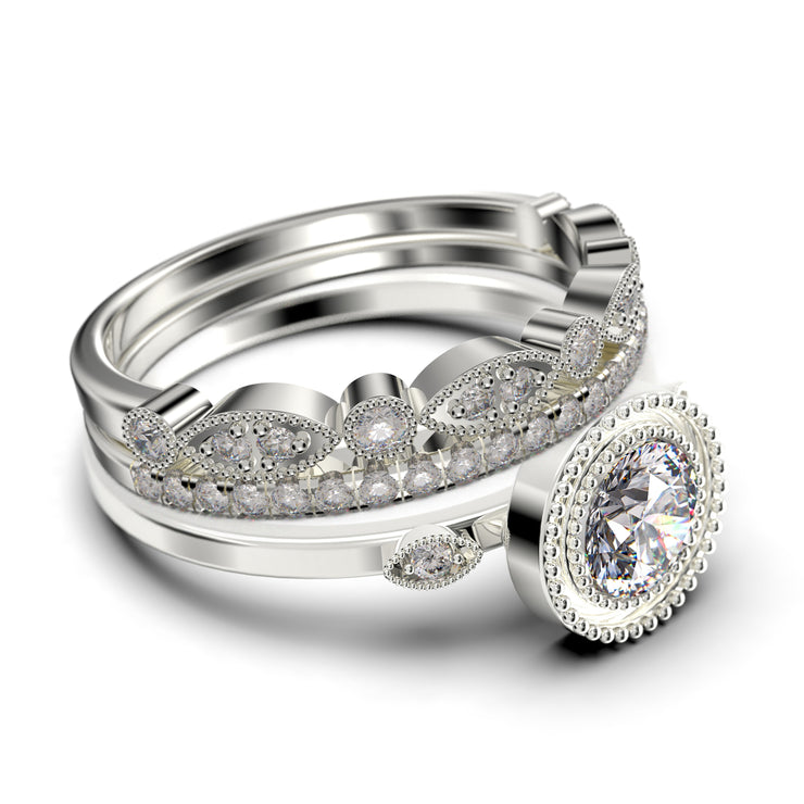 Gorgeous Art nouvea 2.10 Carat Round Cut Diamond Moissanite Engagement Ring, Boho Moissanite Wedding Ring, Two Matching Band in 10k/14k/18k Solid Gold, Gift For Her, Promise Ring