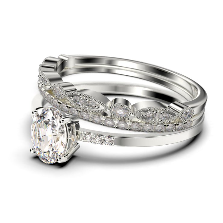 Beautiful Unique Art Deco
 2.50 Carat Oval Cut Diamond Moissanite Engagement Ring, Wedding Ring, Two Matching Band in 925 Sterling Silver With 18k White Gold
 Plating Gift For Her