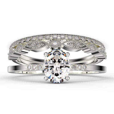 Beautiful Unique Art Deco 2.50 Carat Oval Cut Diamond Moissanite Engagement Ring, Wedding Ring, Two Matching Band in 925 Sterling Silver With 18k White Gold Plating Gift For Her