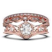 Antique Milgrain Art Deco 2.50 Carat Round Cut Crown Diamond Moissanite Engagement Ring, Engraved Wedding Ring, Two Matching Band in 10k/14k/18k Solid Gold, Gift, Promise Ring
