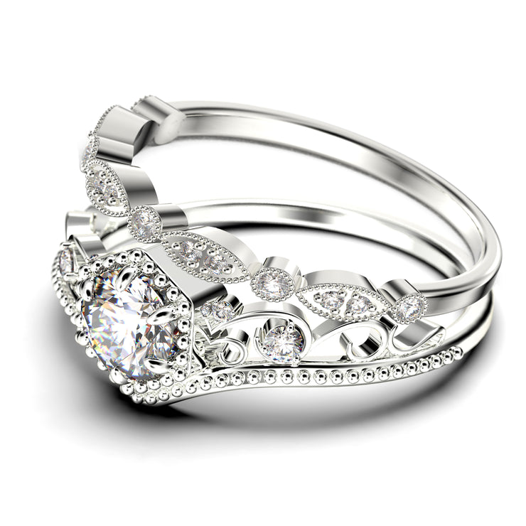 Antique Milgrain Art Deco
 2.00 Carat Round Cut Crown Diamond Moissanite Engagement Ring, Engraved Wedding Ring, One Matching Band in 10k/14k/18k Solid Gold, Gift, Promise Ring