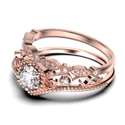 Antique Milgrain Art Deco
 2.00 Carat Round Cut Crown Diamond Moissanite Engagement Ring, Engraved Wedding Ring, One Matching Band in 10k/14k/18k Solid Gold, Gift, Promise Ring