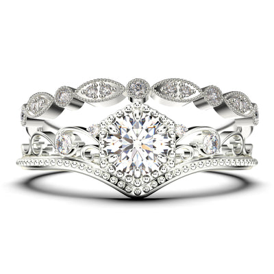 Antique Milgrain Art Deco 2.00 Carat Round Cut Crown Diamond Moissanite Engagement Ring, Engraved Wedding Ring, One Matching Band in 10k/14k/18k Solid Gold, Gift, Promise Ring