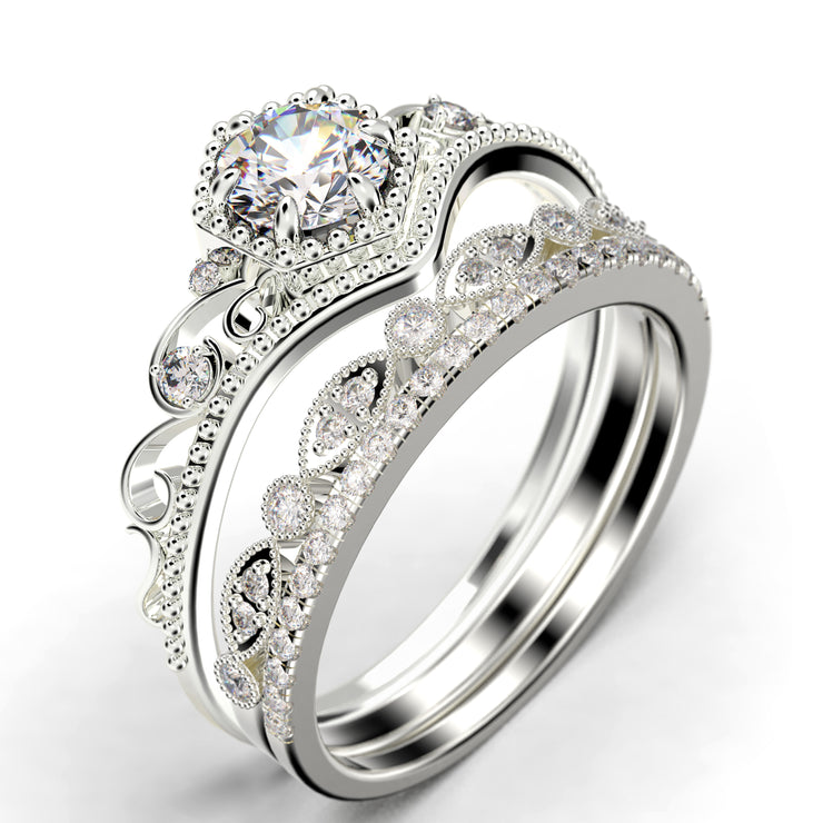 Antique Milgrain Art Deco 2.50 Carat Round Cut Crown Diamond Moissanite Engagement Ring, Engraved Wedding Ring, Two Matching Band in 10k/14k/18k Solid Gold, Gift, Promise Ring
