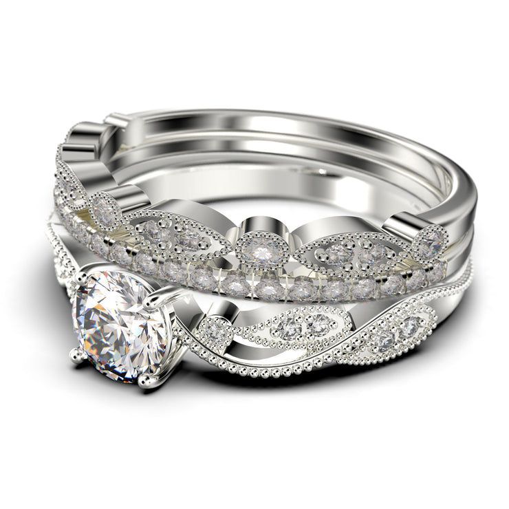 Dazzling 2.25 Carat Round Cut Diamond Moissanite Classic Inspired Engagement Ring, Unique Twist Band Wedding Ring in 925 Sterling Silver With 18k White Gold Plating, Two Matching Band