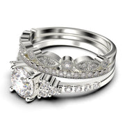 Beautiful Mid-century 2.25 Carat Round Cut Diamond Moissanite Engagement Ring, Wedding Ring in 10k/14k/18k Solid Gold,  7 Stone Ring, Promise Ring, Anniversary,  Trio Set, Matching Band