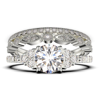 Beautiful Mid-century 2.25 Carat Round Cut Diamond Moissanite Engagement Ring, Wedding Ring in 10k/14k/18k Solid Gold,  7 Stone Ring, Promise Ring, Anniversary,  Trio Set, Matching Band