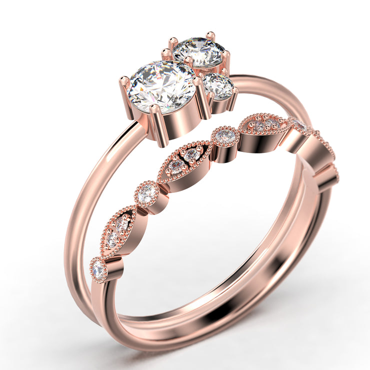 Unique 3 Stone Minimalist 1.05 Carat Round Cut Diamond Moissanite  Engagement Ring, Trilogy Ring, Wedding Ring in 10k/14k/18k Solid Gold, Bridal Set, Matching Band, Anniversary Ring