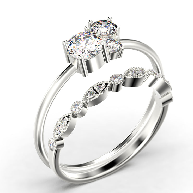 Unique 3 Stone Minimalist 1.05 Carat Round Cut Diamond Moissanite  Engagement Ring, Trilogy Ring, Wedding Ring in 10k/14k/18k Solid Gold, Bridal Set, Matching Band, Anniversary Ring