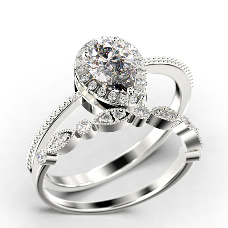 Art deco
 1.75 Carat Vintage Pear Cut Diamond Moissanite Engagement Ring Set, Wedding Ring in 10k/14k/18k Solid Gold, Gift For Her Promise Ring Anniversary Ring