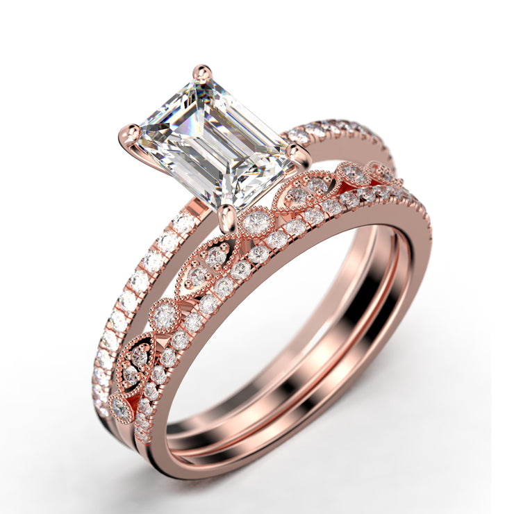 Art deco 2.00 Carat Emerald Cut Diamond Moissanite Engagement Ring Set, Wedding Ring in 925 Sterling Silver With 18k White Gold Plating Feminine Gift, Promise Ring, Anniversary Gift
