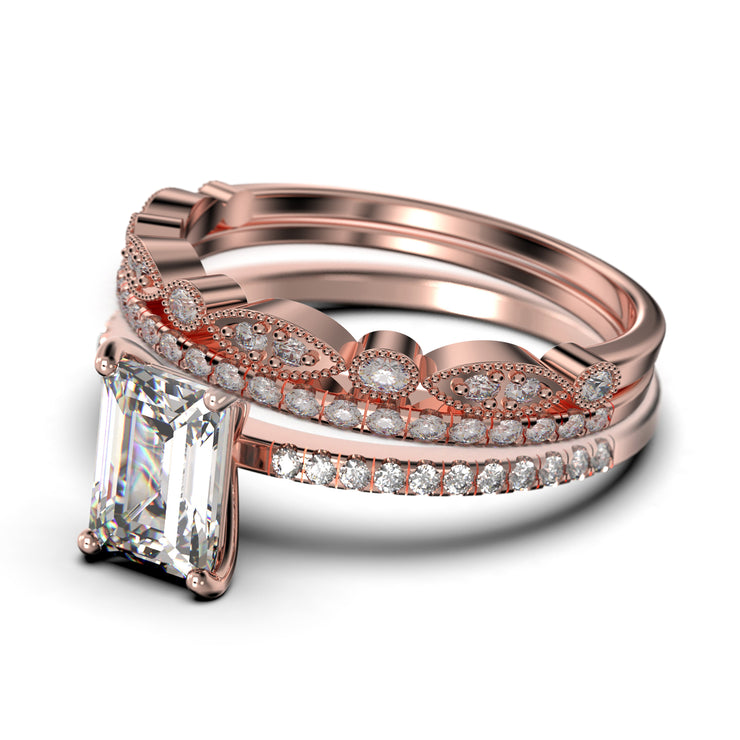 Art deco 2.00 Carat Emerald Cut Diamond Moissanite Engagement Ring Set, Wedding Ring in 925 Sterling Silver With 18k White Gold Plating Feminine Gift, Promise Ring, Anniversary Gift