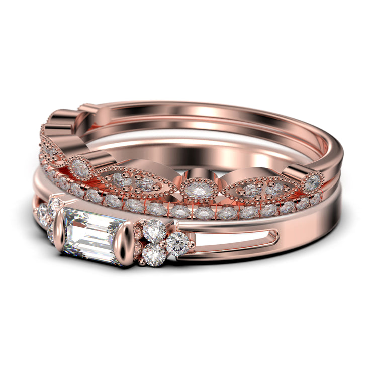Classic Minimalist 2.00 Carat Baguette Cut Diamond Moissanite Engagement Ring, Split shank Wedding Ring in 10k/14k/18k Solid Gold,  Promise Ring, Anniversary Ring, Trio Rings Set