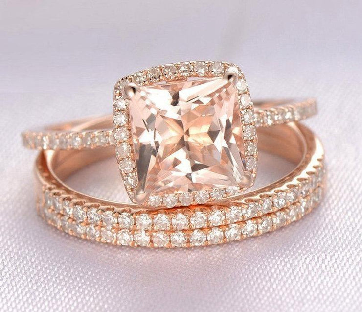 Sale 2 carat Morganite Trio Wedding Bridal Ring Set with One Engagement Ring and 2 Wedding Bands