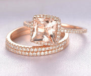 Sale 2 carat Morganite Trio Wedding Bridal Ring Set with One Engagement Ring and 2 Wedding Bands