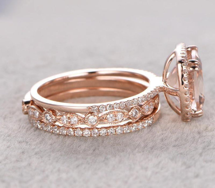 Sale 2 carat Morganite and Diamond Trio Wedding Bridal Ring Set 