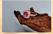Superb 1.50 carat cushion cut Ruby and Moissanite Diamond double Halo Engagement Ring in Rose Gold