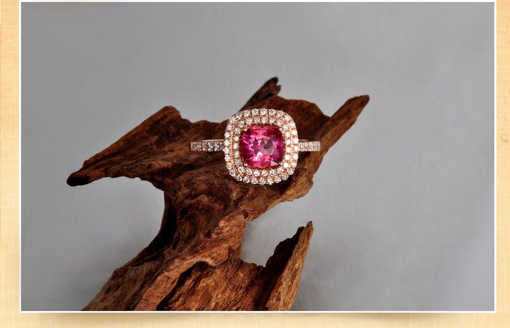 Superb 1.50 carat cushion cut Ruby and Moissanite Diamond double Halo Engagement Ring in Rose Gold