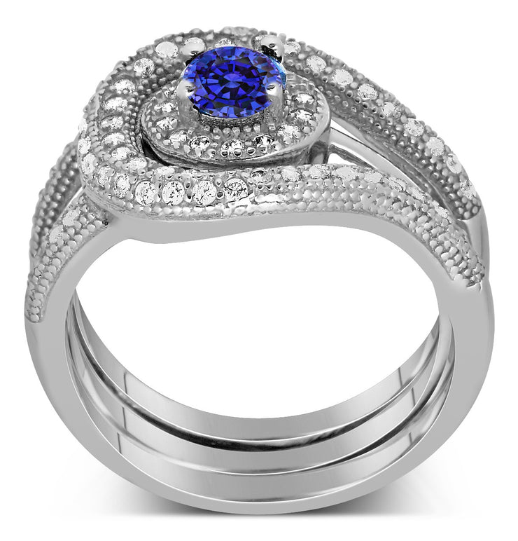 Unique and Luxurious, 2 Carat Designer Sapphire and Moissanite Diamond Wedding Ring Set in White Gold