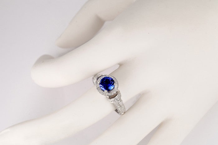 Vintage 1.50 Carat Blue Sapphire and Moissanite Diamond Art Nouveau Engagement Ring in 10k White Gold