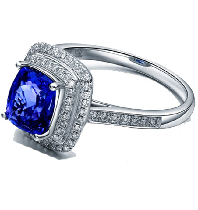 Vintage 2 Carat Blue Sapphire and Moissanite Halo Engagement Ring for Women