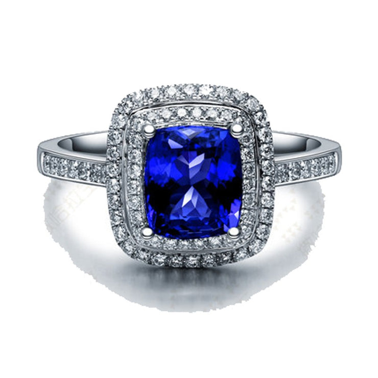 Vintage 2 Carat Blue Sapphire and Moissanite Halo Engagement Ring for Women